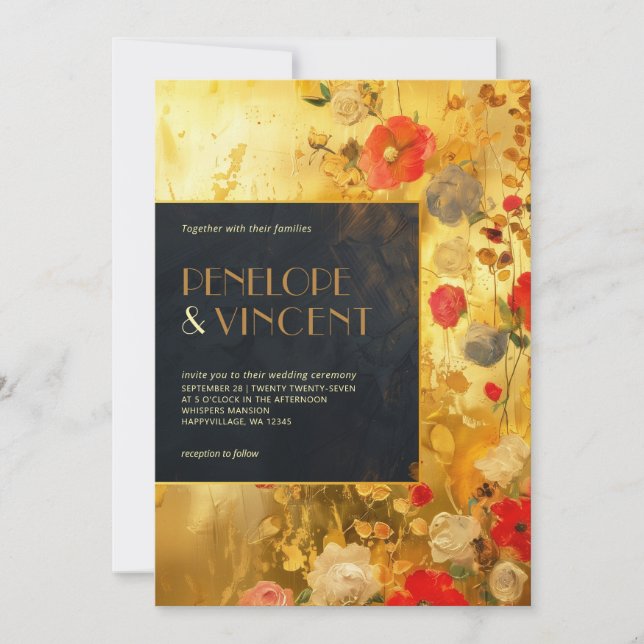 Gold and Flowers Wedding Invitation (Front)