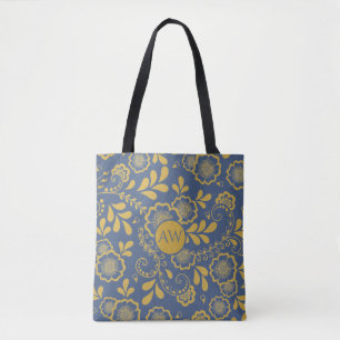 Gold and French Blue Victorian Lace Monogram Tote Bag