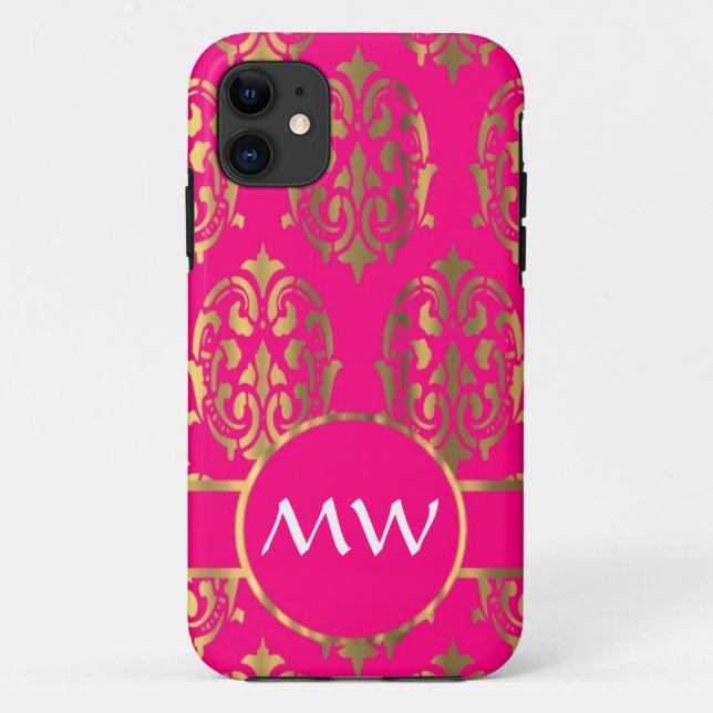 Gold and fuchsia pink damask pattern Case-Mate iPhone case (Back)