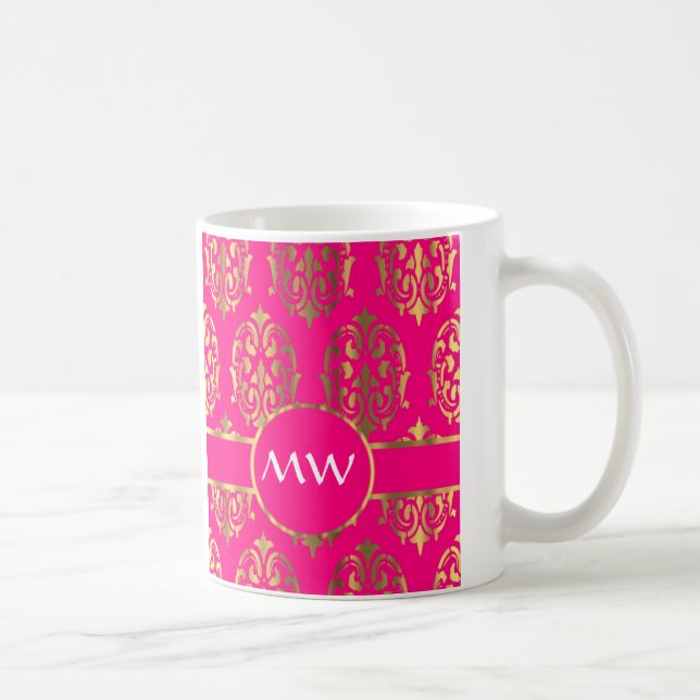 Gold and fuchsia pink damask pattern coffee mug (Right)