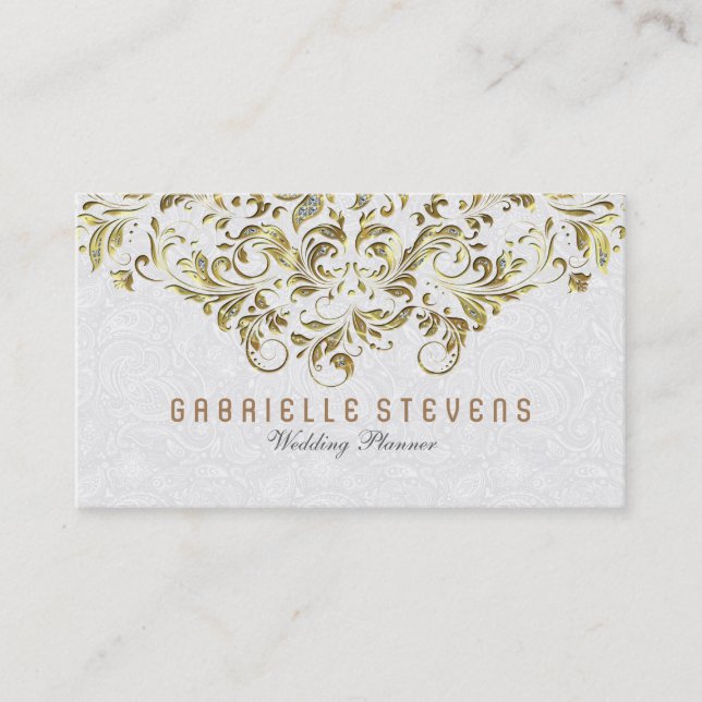 Gold And Glitter Floral Lace Over White Business Card (Front)