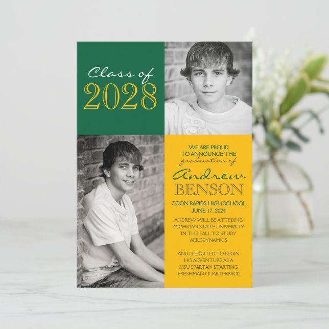 Gold and Green 2 Photo Graduation Announcement (Standing Front)