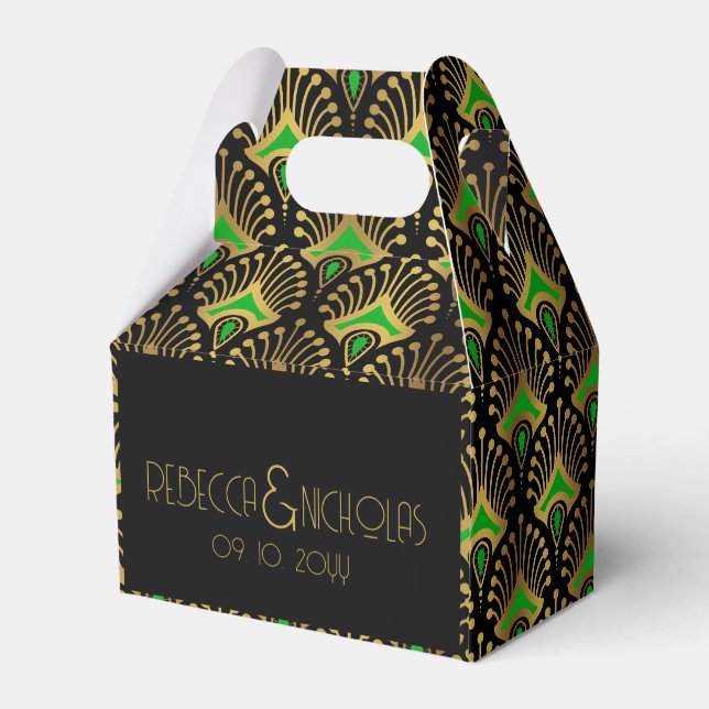 Gold and green Art Deco pattern on black Favour Box (Back Side)