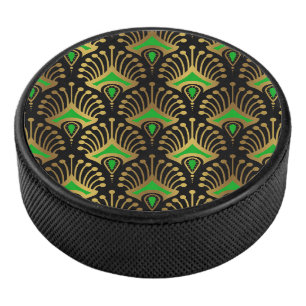 Gold and green Art Deco pattern on black Hockey Puck