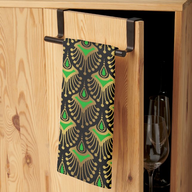 Gold and green Art Deco pattern on black Kitchen T Tea Towel (Thirds Fold)