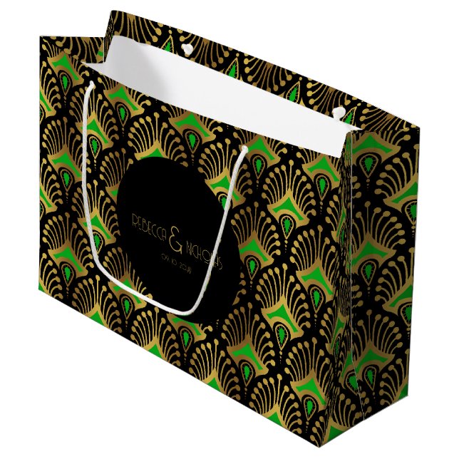 Gold and green Art Deco pattern on black Large Gift Bag (Front Angled)
