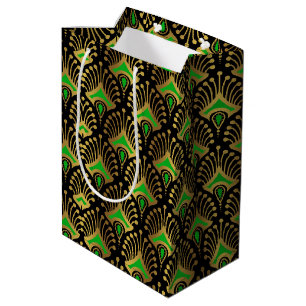 Gold and green Art Deco pattern on black Medium Gift Bag