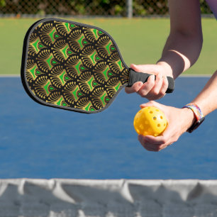 Gold and green Art Deco pattern on black Pickleball Paddle