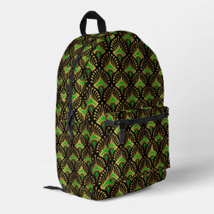 Gold and green Art Deco pattern on black Printed Backpack