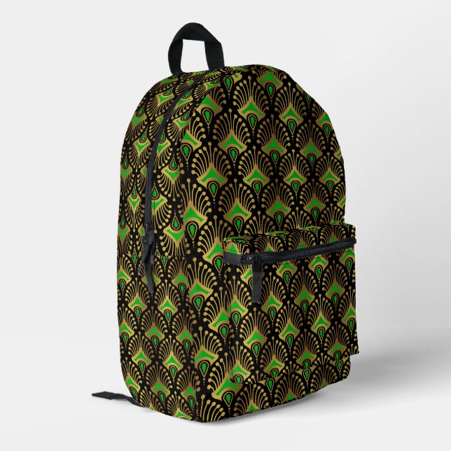 Gold and green Art Deco pattern on black Printed Backpack (Back Corner Left)