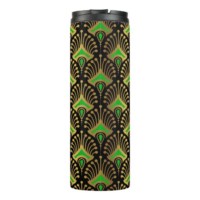 Gold and green Art Deco pattern on black Thermal Tumbler (Back)