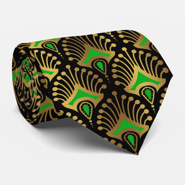 Gold and green Art Deco pattern on black Tie (Rolled)