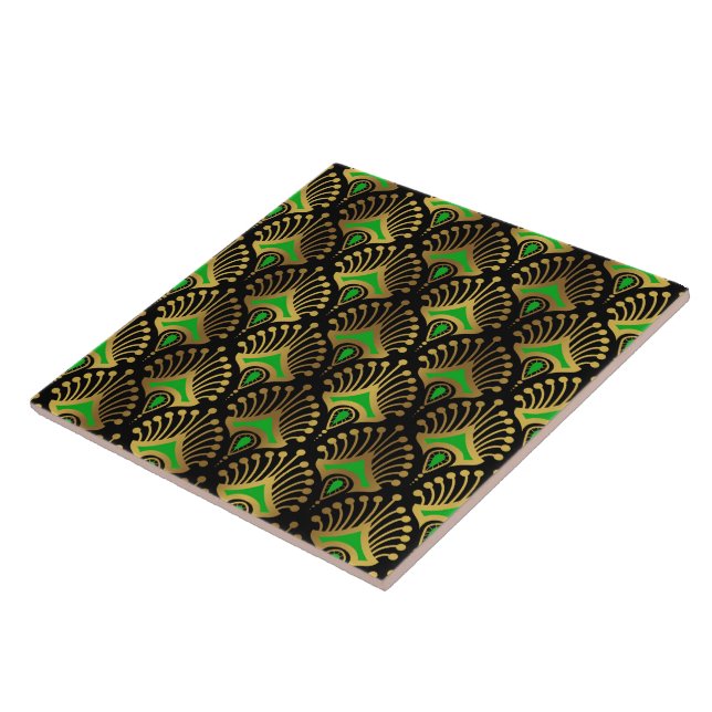 Gold and green Art Deco pattern on black Tile (Side)