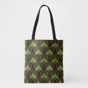 Gold and green Art Deco pattern on black Tote Bag
