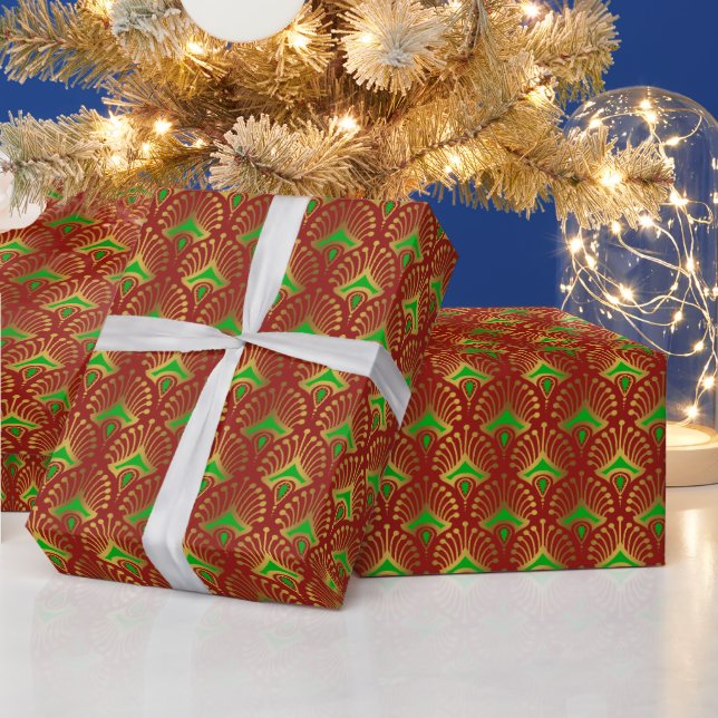 Gold and green Art Deco pattern on red Wrapping Paper (Holidays)