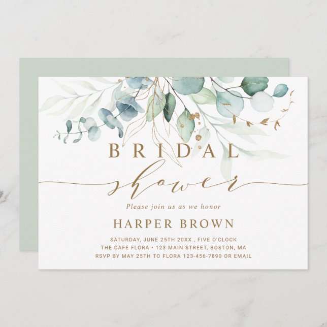 Gold and Green Botanical Bridal Shower Invitation (Front/Back)