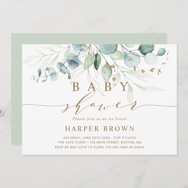 Gold and Green Botanical Bridal Shower Invitation (Front/Back)