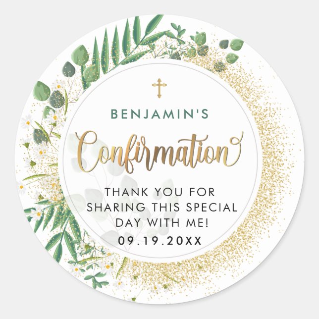 Gold And Green Botanical Confirmation Thank You Classic Round Sticker (Front)