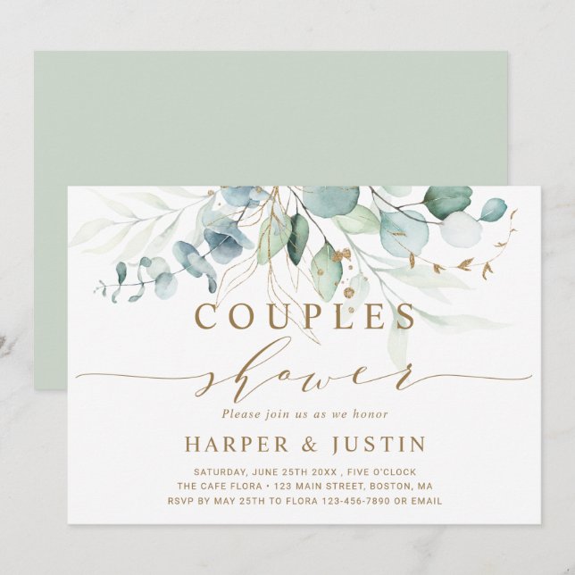 Gold and Green Botanical Couples Shower  Invitatio Invitation (Front/Back)