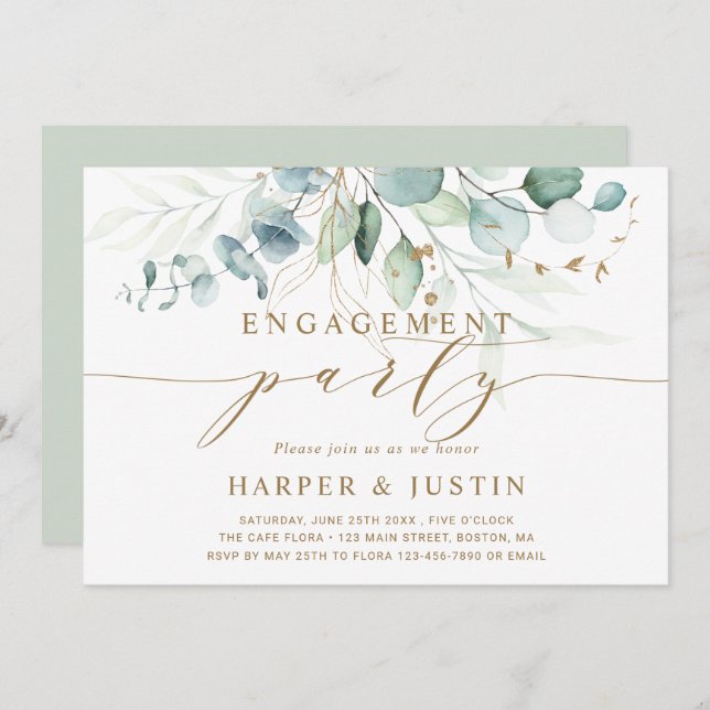 Gold and Green Botanical Engagement Party Invitation (Front/Back)