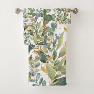 Gold And Green Botanical Eucalyptus Leaves Bath Towel Set