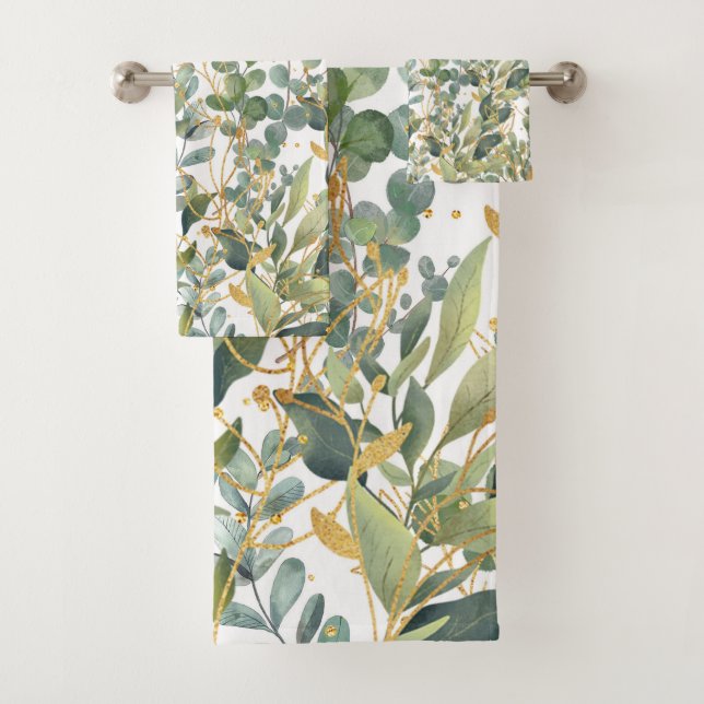 Gold And Green Botanical Eucalyptus Leaves Bath Towel Set (Insitu)