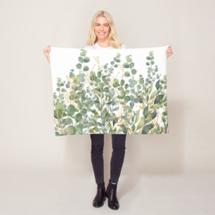Gold And Green Botanical Eucalyptus Leaves Fleece Blanket