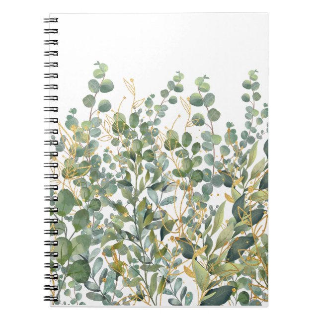 Gold And Green Botanical Eucalyptus Leaves Notebook (Front)