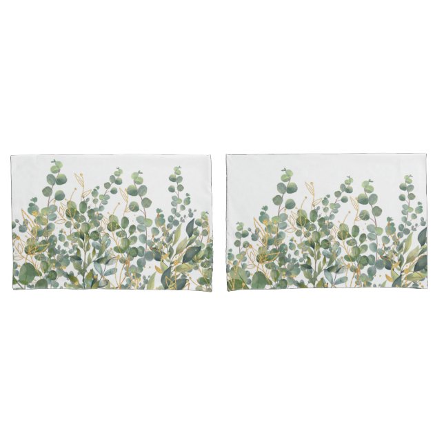 Gold And Green Botanical Eucalyptus Leaves Pillowcase (Front-Set)