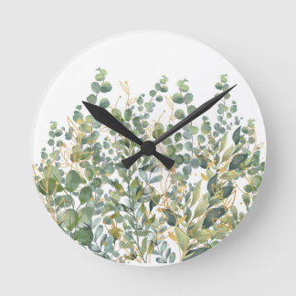 Gold And Green Botanical Eucalyptus Leaves Round Clock