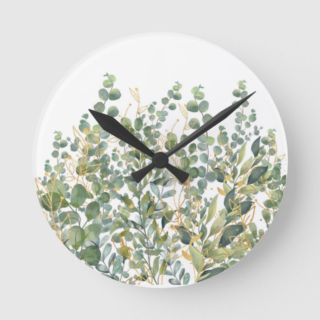 Gold And Green Botanical Eucalyptus Leaves Round Clock (Front)