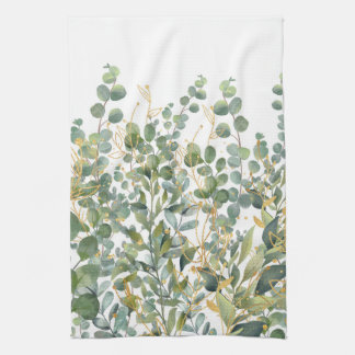 Gold And Green Botanical Eucalyptus Leaves Tea Towel