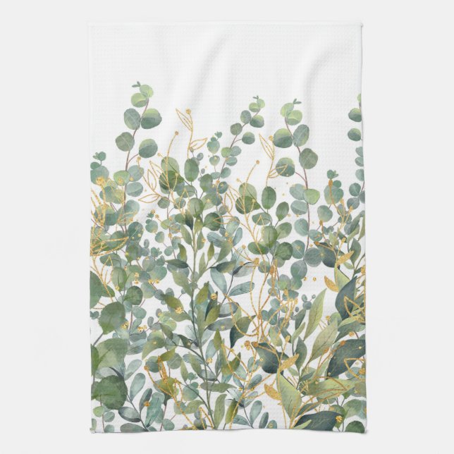 Gold And Green Botanical Eucalyptus Leaves Tea Towel (Vertical)