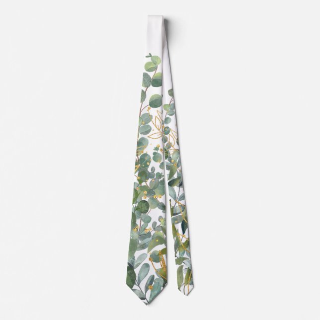 Gold And Green Botanical Eucalyptus Leaves Tie (Front)