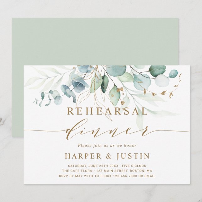 Gold and Green Botanical Rehearsal Dinner Invitation (Front/Back)