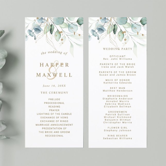 Gold and Green Botanical Wedding Ceremony Program Programme (Front & Back)