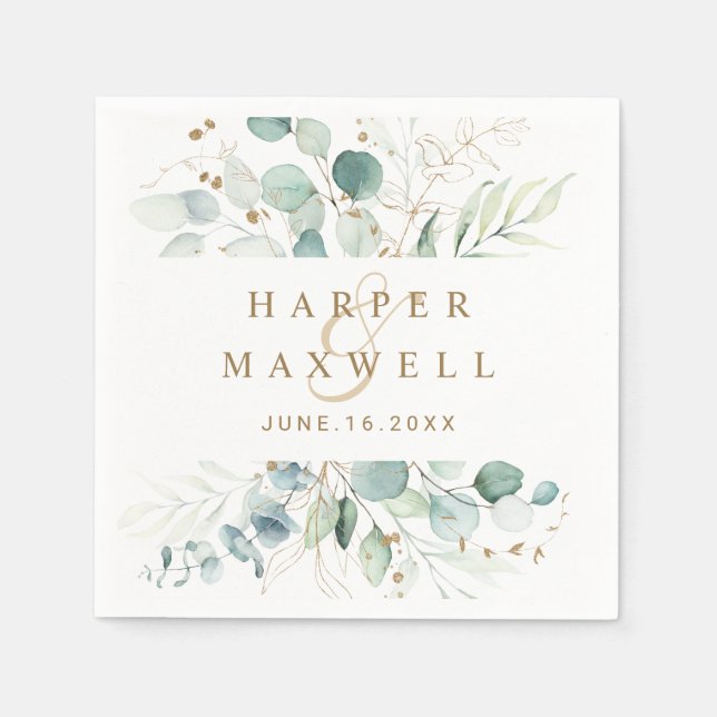 Gold and Green Botanical Wedding Napkin (Front)