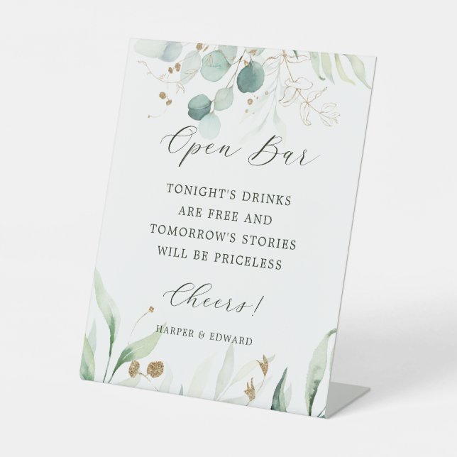 Gold and Green Botanical Wedding Open Bar Pedestal Sign (Front)