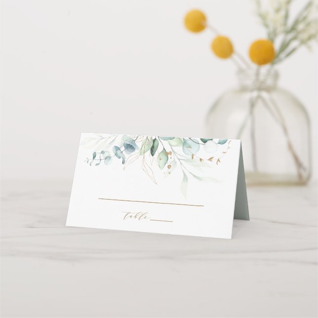 Gold and Green Botanical Wedding Personalised Place Card (Front)