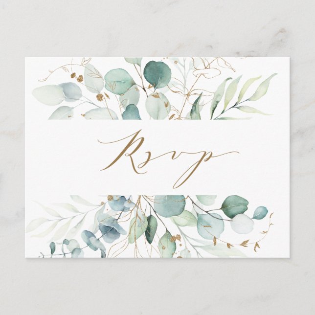 Gold and Green Botanical Wedding RSVP Postcard (Front)