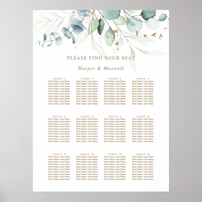 Gold and Green Botanical Wedding Seating Chart (Front)