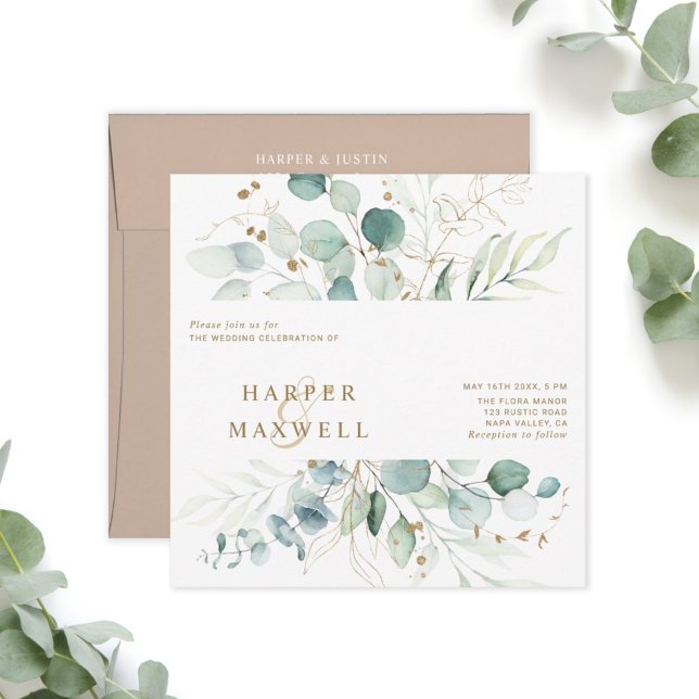 Gold and Green Botanical Wedding Square Invitation (Creator Uploaded)