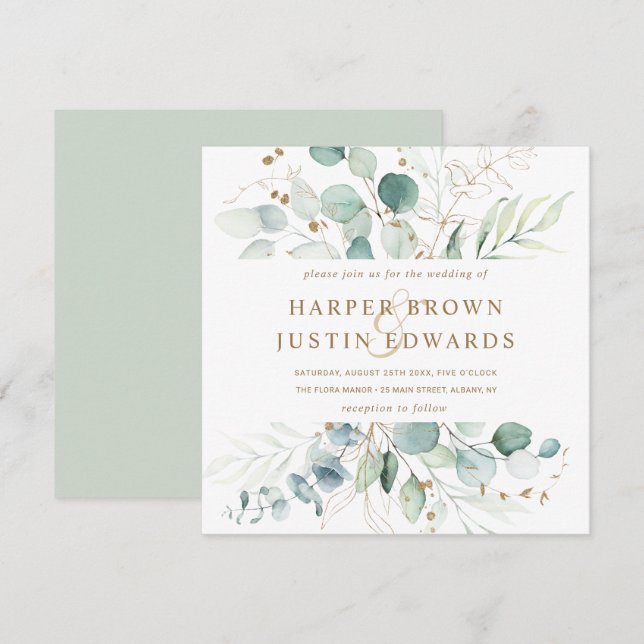 Gold and Green Botanical Wedding Square Invitation (Front/Back)