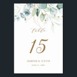 Gold and Green Botanical Wedding Table Number<br><div class="desc">This wedding table number features painted watercolor eucalyptus,  botanical green and gold glitter leaves with gold script.</div>
