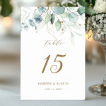 Gold and Green Botanical Wedding Table Number<br><div class="desc">This wedding table number features painted watercolor eucalyptus,  botanical green and gold glitter leaves with gold script.</div>