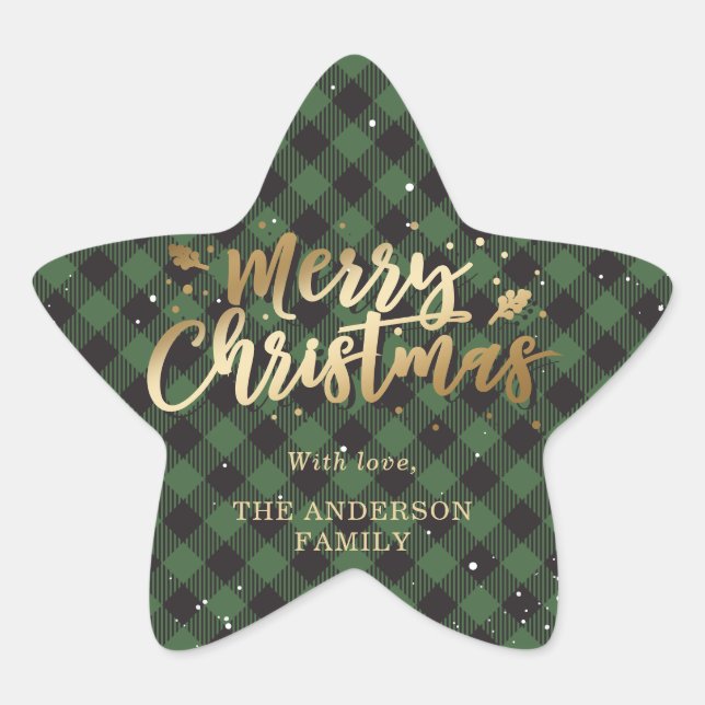 Gold and Green Buffalo Plaid Merry Christmas Star Sticker (Front)