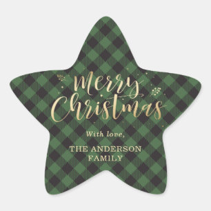 Gold and Green Buffalo Plaid Merry Christmas Star Sticker