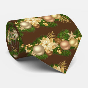 Gold and Green Christmas Decorations on Brown Tie