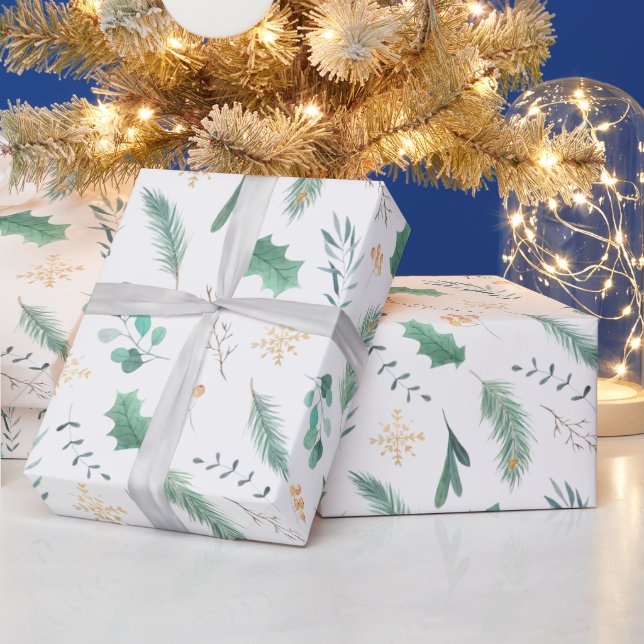 Gold and Green Christmas Holly Pine Eucalyptus Wrapping Paper (Holidays)