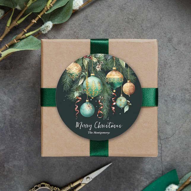 Gold and Green Christmas Ornaments Classic Round Sticker (Gold and green tree ornaments Merry Christmas 3" round stickers)